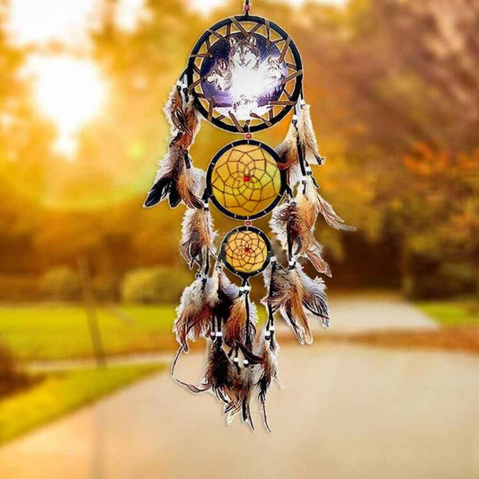 Indian Style Dream Catcher Wolf Head Oil Painting Dream Catcher Home Wall Decoration Wall Hanging Natural Feather Pendant - Pedlar's Attic