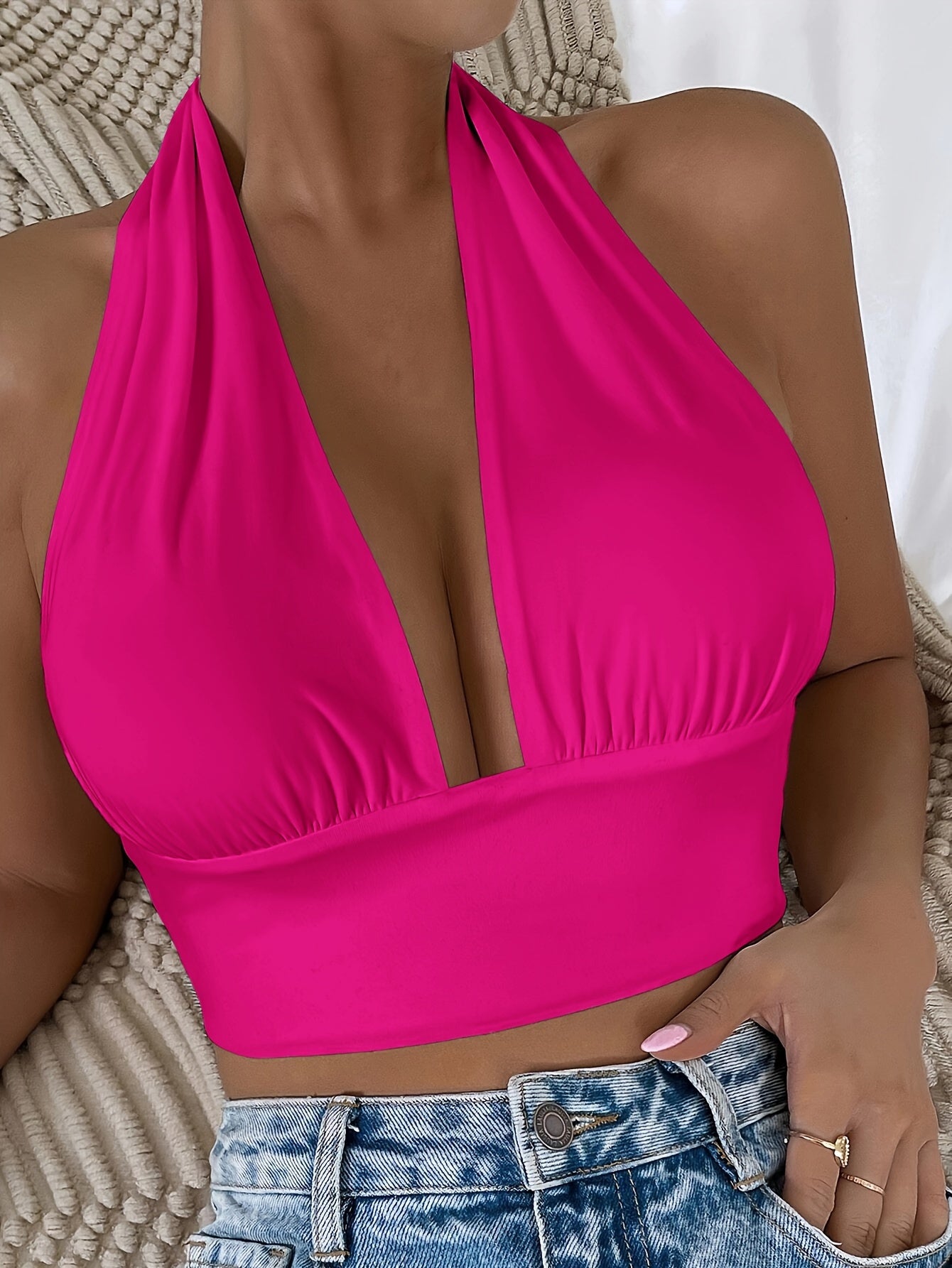 1pc Elegant Orange Halter Neck Backless Crop Top - High Stretch, Deep V-Neckline, Sleeveless Tank for Women, Perfect for Casual or Stylish Outfits, Casual Chic Top | Backless Dress | Stretchy Fabric