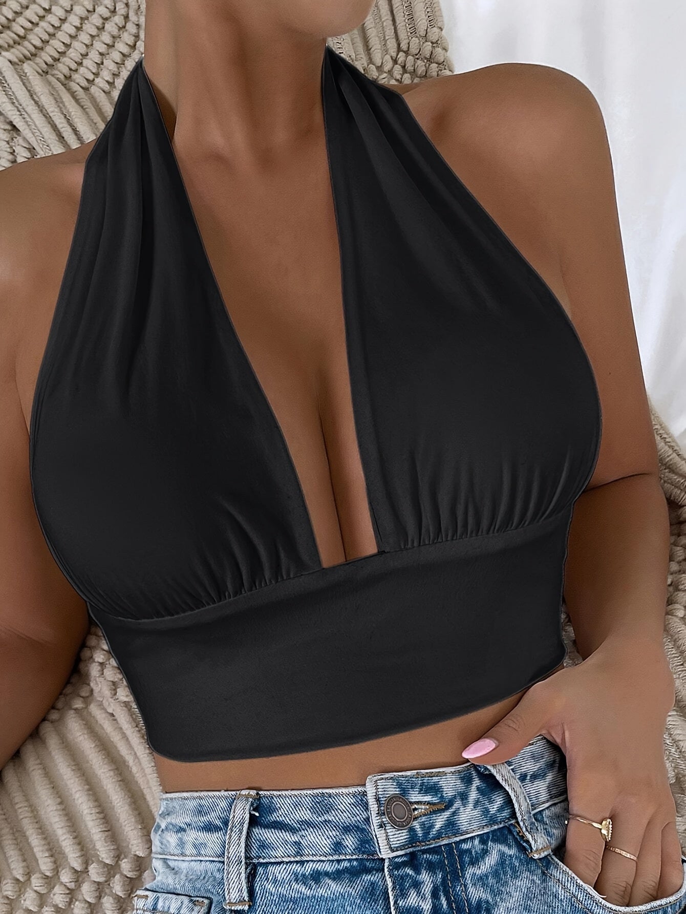 1pc Elegant Orange Halter Neck Backless Crop Top - High Stretch, Deep V-Neckline, Sleeveless Tank for Women, Perfect for Casual or Stylish Outfits, Casual Chic Top | Backless Dress | Stretchy Fabric