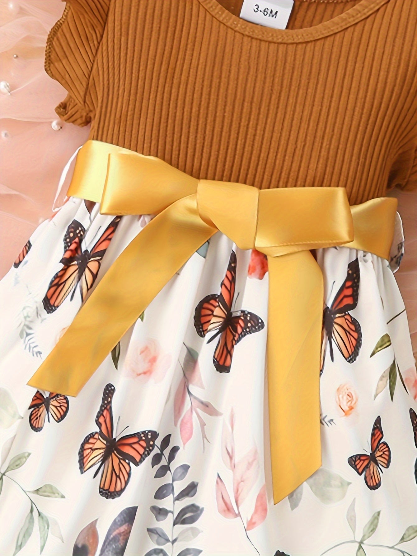 Baby Girls Cute Butterfly Graphic Print Ruffled Sleeve Belted Dress, Kids Summer Comfortable Clothes