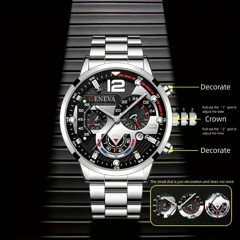 Stylish Mens Stainless Steel Watch - Daily Calendar, Timeless Classic Design - Perfect Gift for Fashion-Conscious Gentlemen