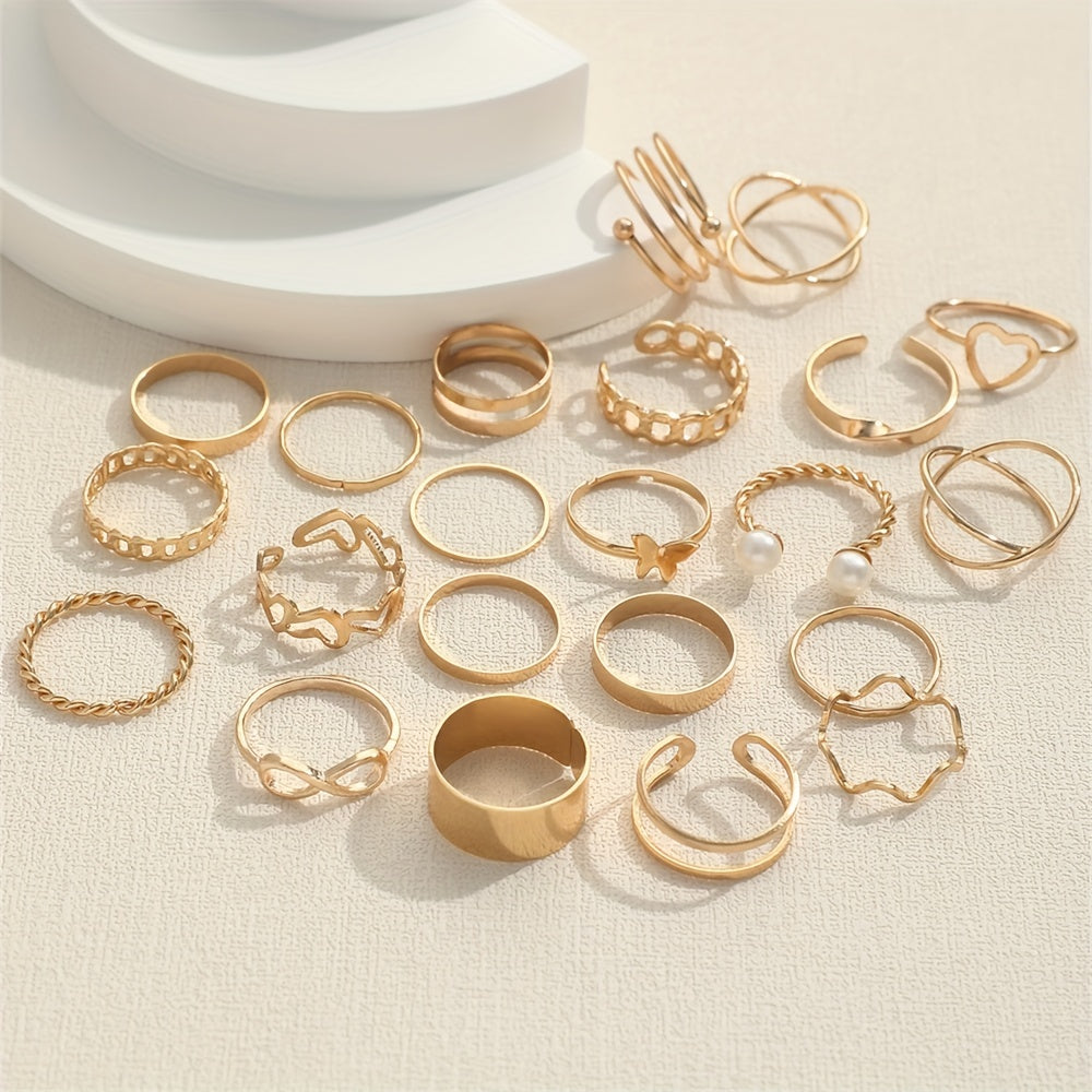 22pcs Fashion Stacking Rings Trendy Heart/ Infinity/ Butterfly/ Chain Design Mix And Match For Daily Outfits Party Accessories For Sweet Cool Girls