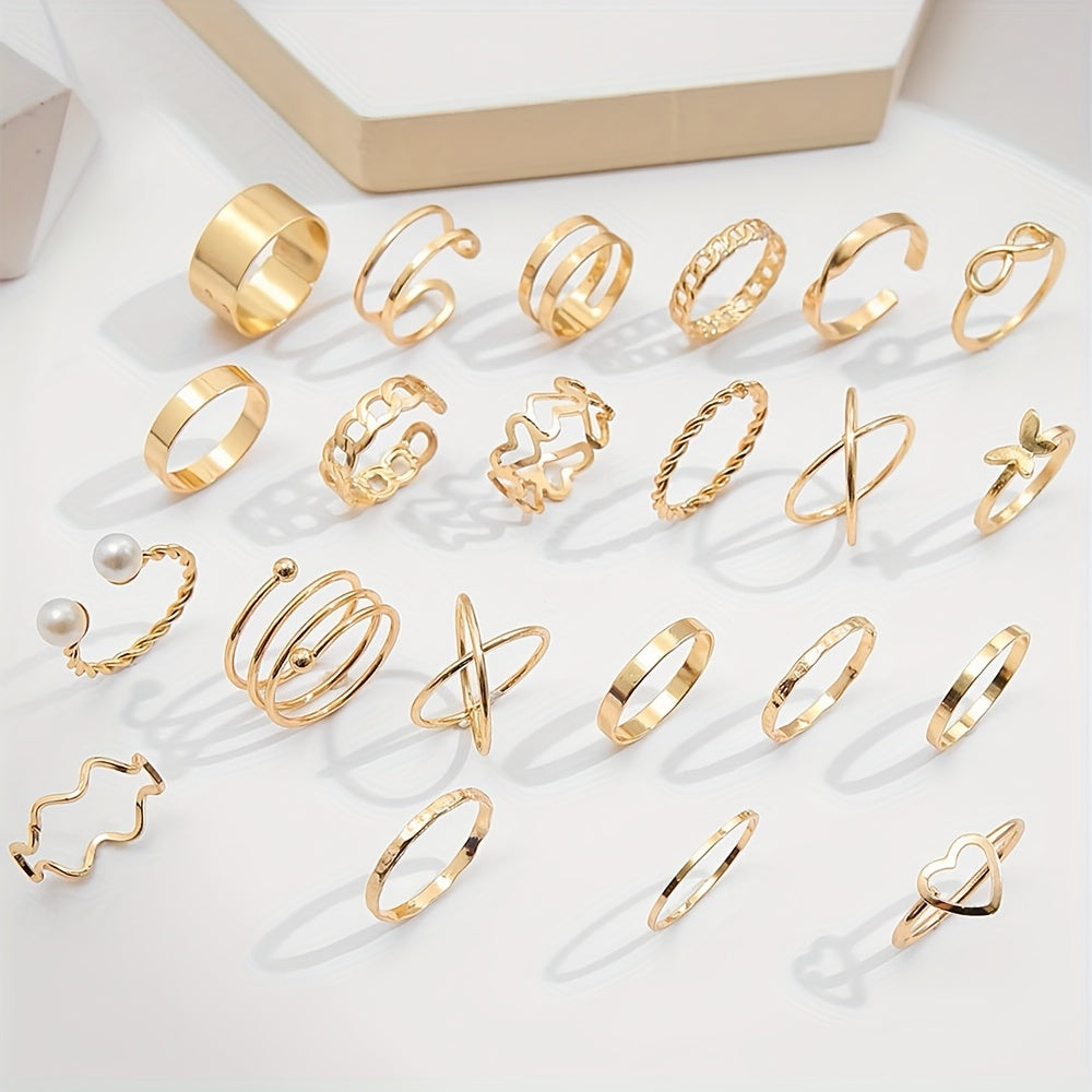 22pcs Fashion Stacking Rings Trendy Heart/ Infinity/ Butterfly/ Chain Design Mix And Match For Daily Outfits Party Accessories For Sweet Cool Girls