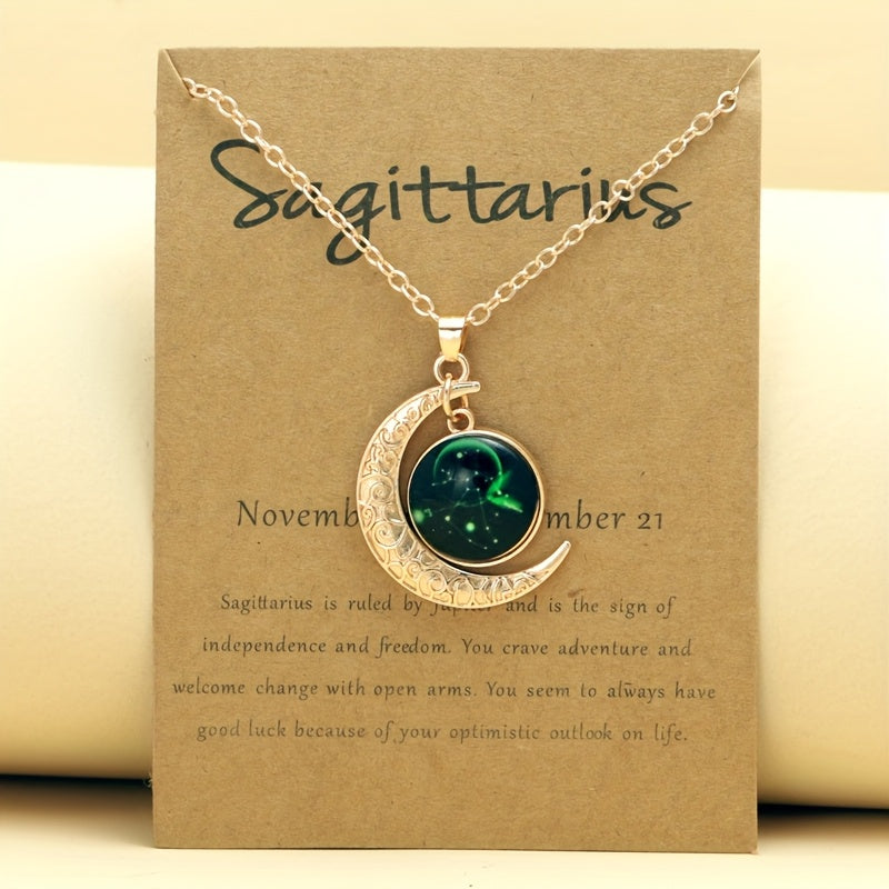 1pc Retro Glow-in-the-Dark Zodiac Moon Pendant Necklace - Vintage Style, Zinc Alloy with Glass Accents, Adjustable Chain for Women - Ideal for Daily Wear & Gifting, Zodiac Jewelry, Gift Jewelry, Vintage Jewelry, Durable Jewel