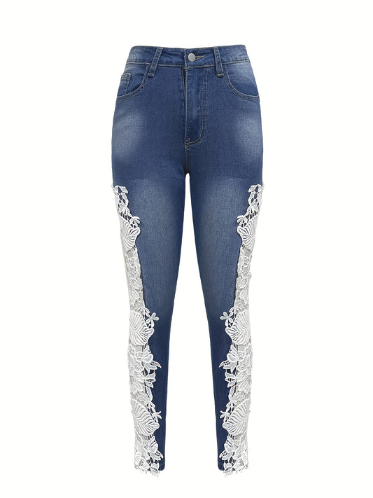 Vibrant Hollow Out Lace Contrast Jeans - Elegant, Skinny Fit, Stretchy Denim Pants with Fairy Core Design - Women's Fashionable Denim Clothing for Chic Style