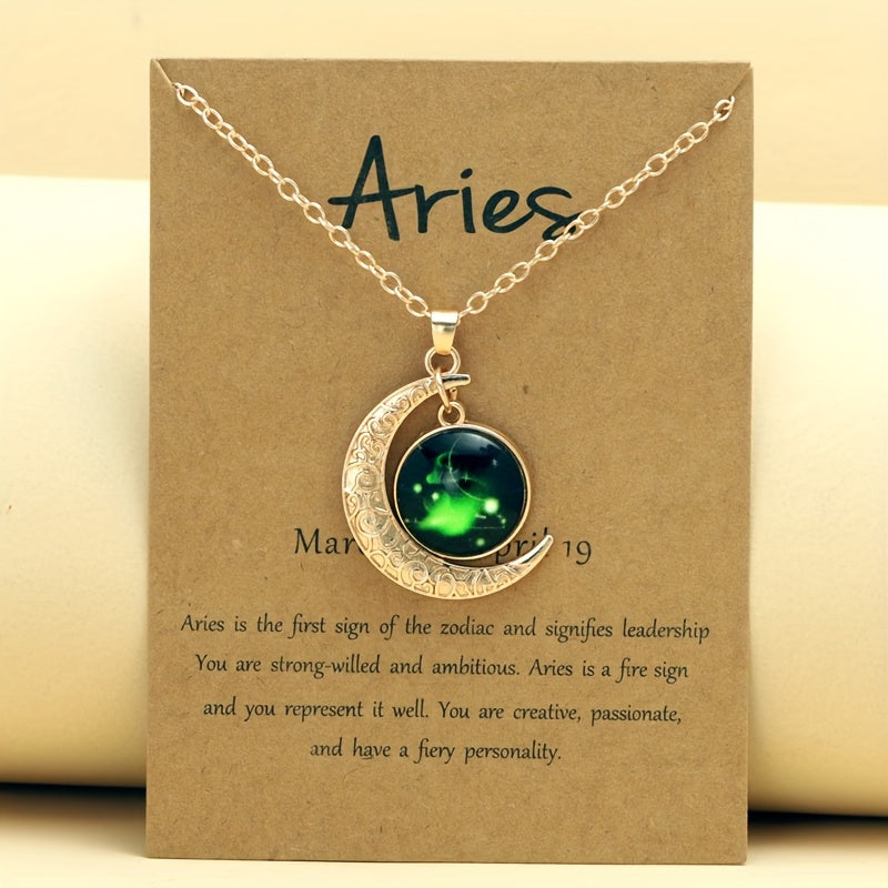 1pc Retro Glow-in-the-Dark Zodiac Moon Pendant Necklace - Vintage Style, Zinc Alloy with Glass Accents, Adjustable Chain for Women - Ideal for Daily Wear & Gifting, Zodiac Jewelry, Gift Jewelry, Vintage Jewelry, Durable Jewel