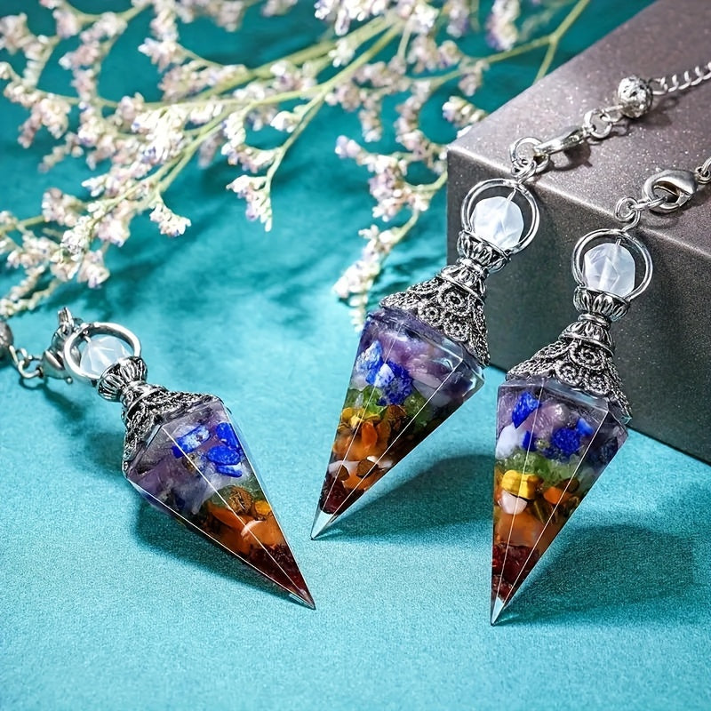 1pc Natural Crystal, Amethyst Dowsing Pendulum, 6 Faceted Hexagonal Pointed Cone Resin Pendant For Divination