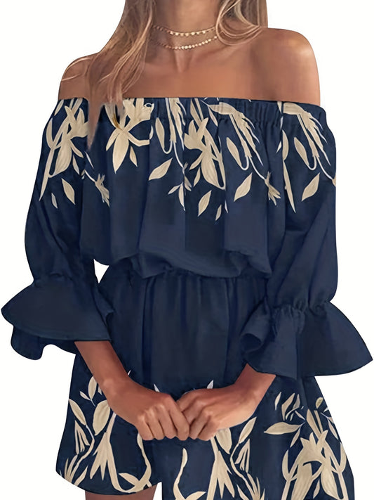 Elegant Summer Boho Dress - Off-Shoulder Leaf Print with Sexy Backless Cut & Playful Ruffles, Durable & Comfort Fit