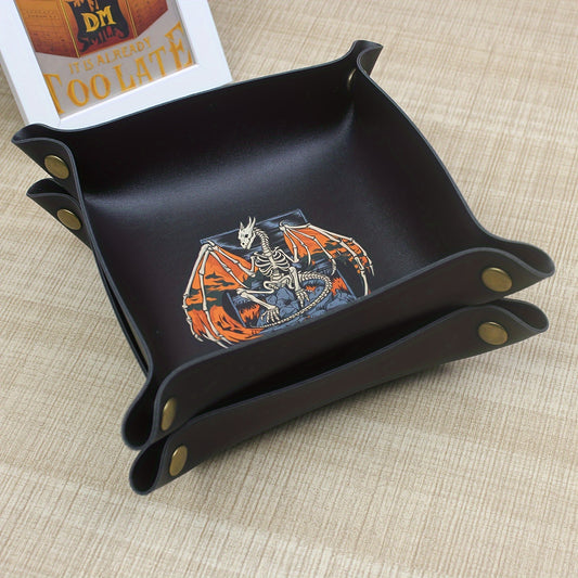 Unique Skeleton Dragon Design Black PU Leather Dice Tray - Durable Creative Gaming Accessory and Tabletop Organizer for Role-Playing Games
