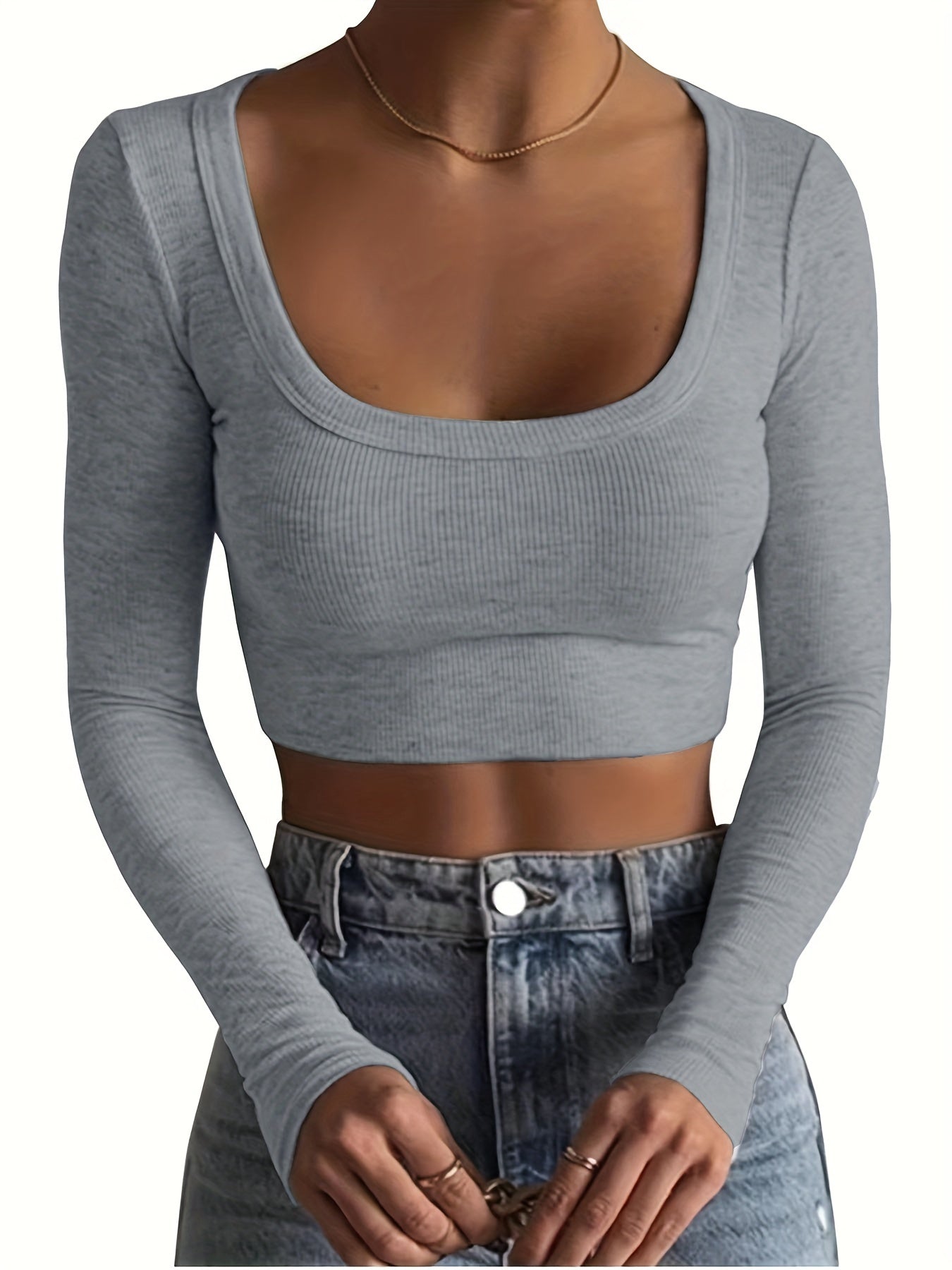 All-Season Chic Scoop Neck Crop Top – Slim & Stylish Long Sleeve, Solid Color, Easy-Care Rib-Knit Tee for Women
