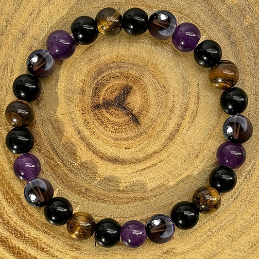 1pc Natural Tiger Eye & Amethyst Beaded Bracelet, Elastic Protection Healing Crystal Bracelet for Men and Women, Energy Balancing Unscented Solid Jewelry Gift