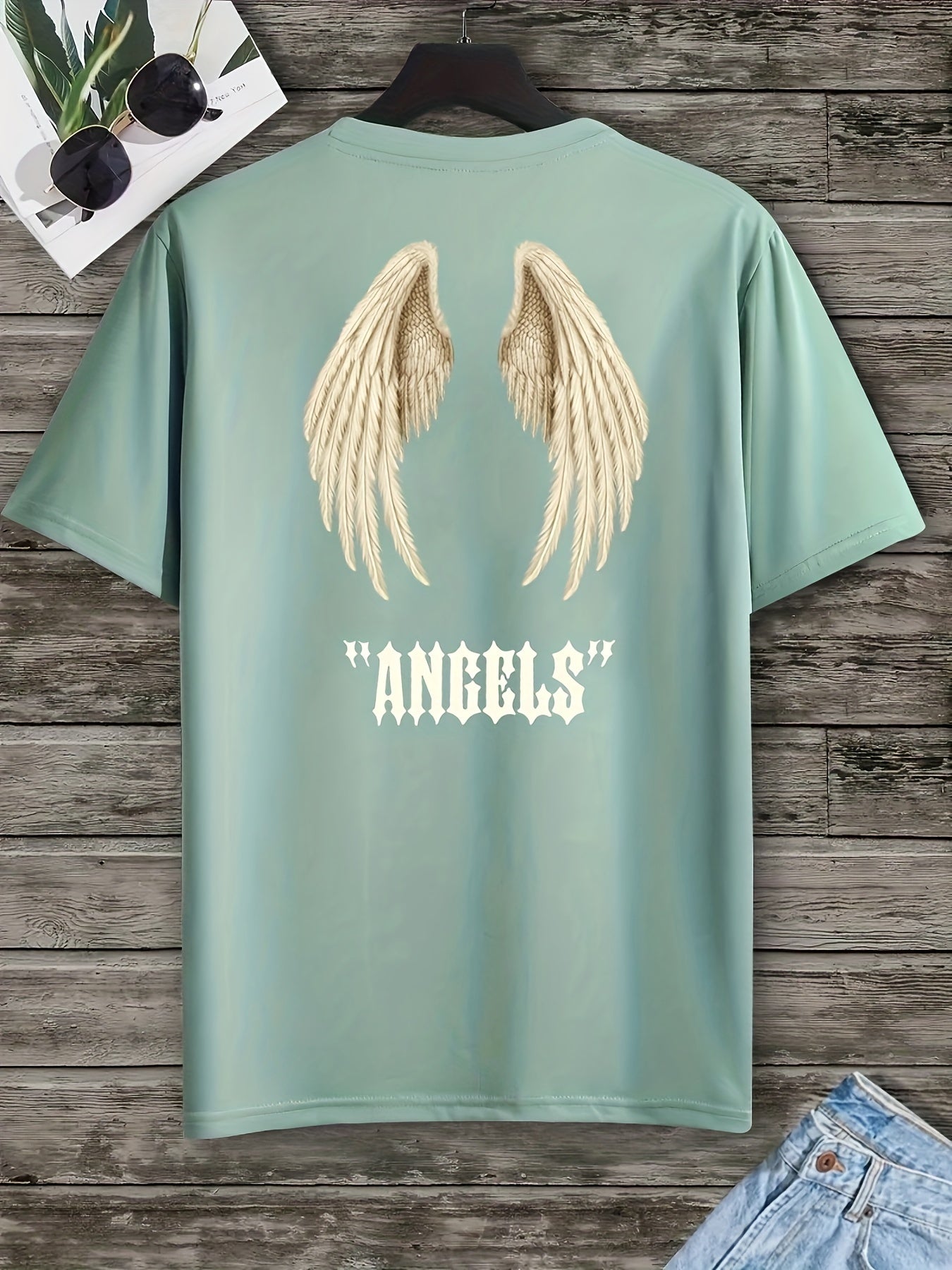 Mens Angel Wings Graphic Tee - Fashionable Casual Wear - Comfortable Solid Color Stretch Tee for Spring Summer - Lightweight Round Neck Design for Daily Style