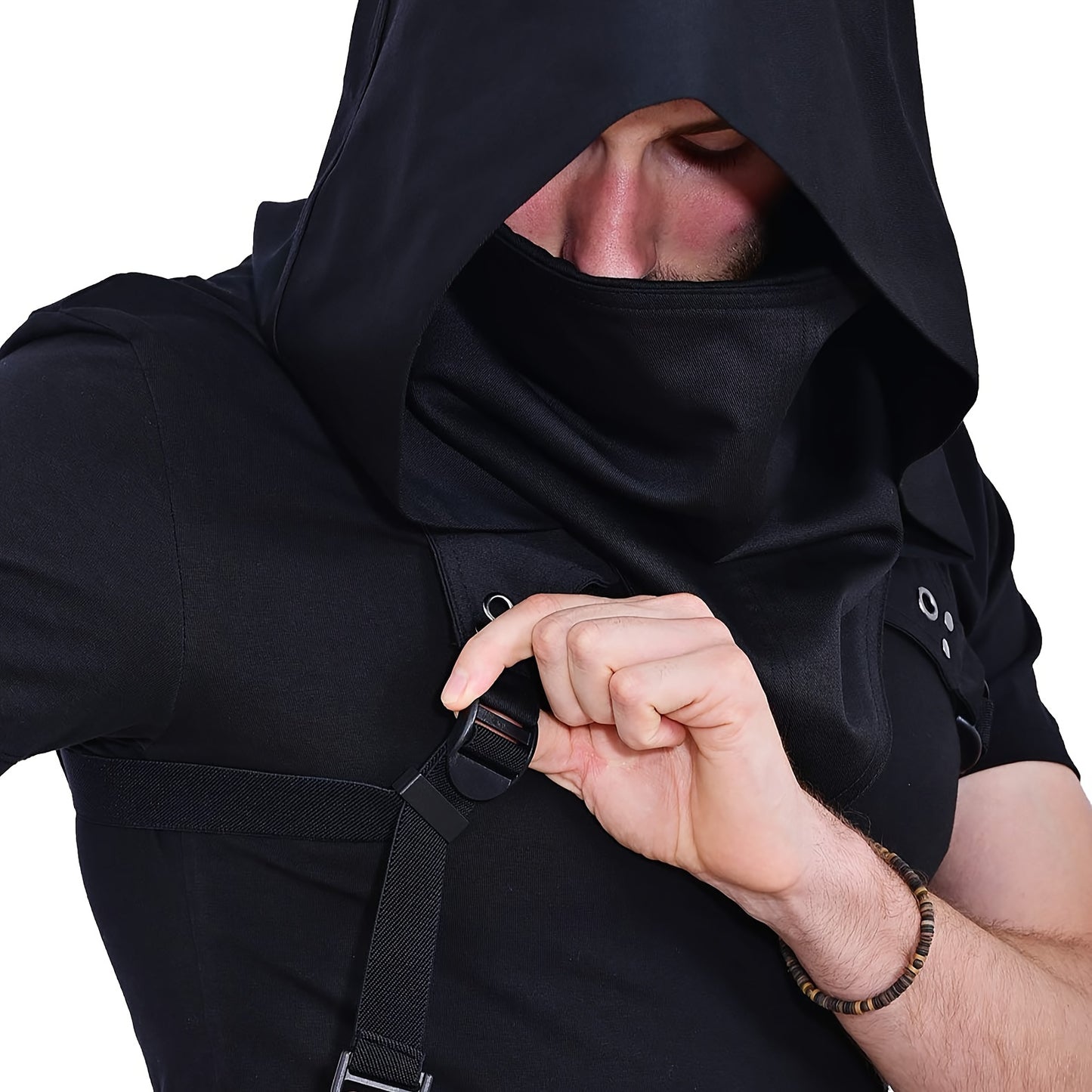 Black Cyberpunk Assassin Hood Scarf - Street Style Acrylic Cloak Hat with Adjustable Straps for Cosplay & Outdoor Adventures