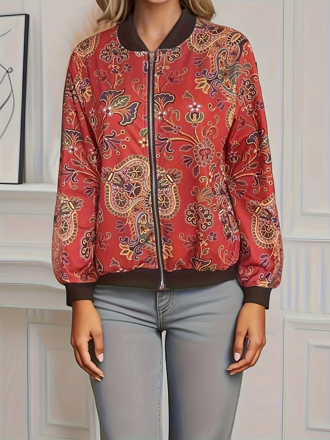 Graphic Print Zipper Jacket, Casual Baseball Neck Long Sleeve Outerwear, Women's Clothing