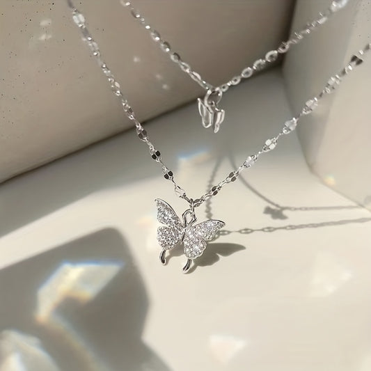 Y2K Rhinestone Butterfly Double Layers Necklace Shiny Silvery Party Dating Gift Daily Jewelry Accessories
