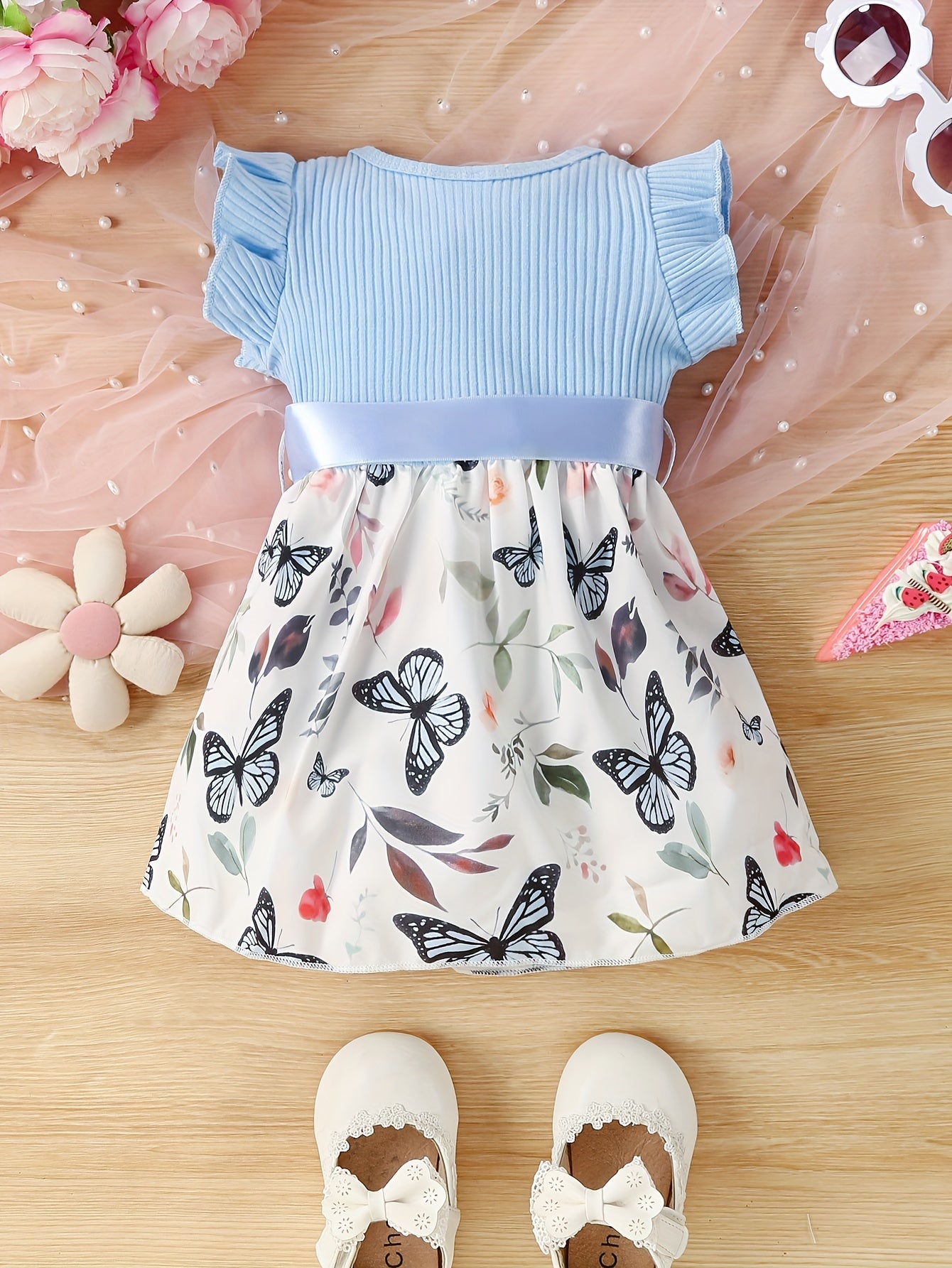 Baby Girls Cute Butterfly Graphic Print Ruffled Sleeve Belted Dress, Kids Summer Comfortable Clothes