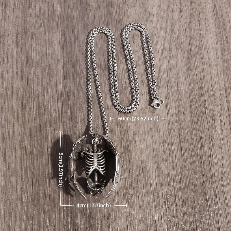 Gothic Wings Grim Reaper Pendant, Skull Necklace For Men, Punk Rock Jewelry Halloween Gift