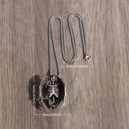 Gothic Wings Grim Reaper Pendant, Skull Necklace For Men, Punk Rock Jewelry Halloween Gift