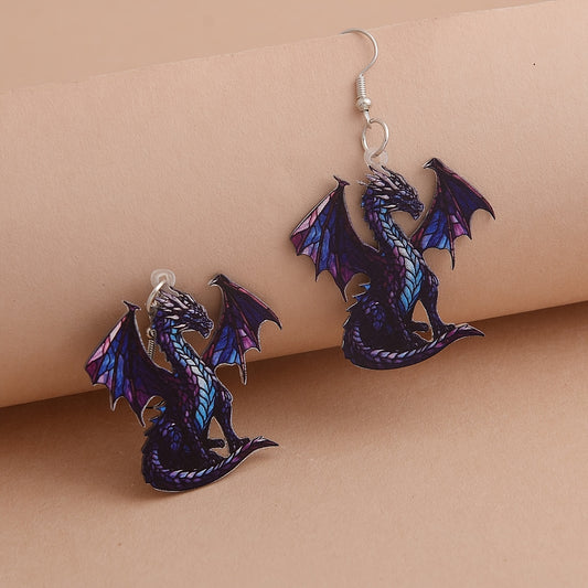 1 Pair of Vibrant Flying Dragon Dangle Earrings for Women - Cute & Whimsical Acrylic Design with Purple & Blue Wings, Perfect for Daily Wear & Vacation, Dragon Earrings