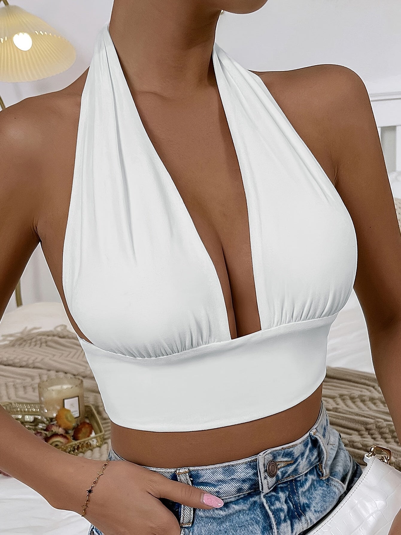 1pc Elegant Orange Halter Neck Backless Crop Top - High Stretch, Deep V-Neckline, Sleeveless Tank for Women, Perfect for Casual or Stylish Outfits, Casual Chic Top | Backless Dress | Stretchy Fabric