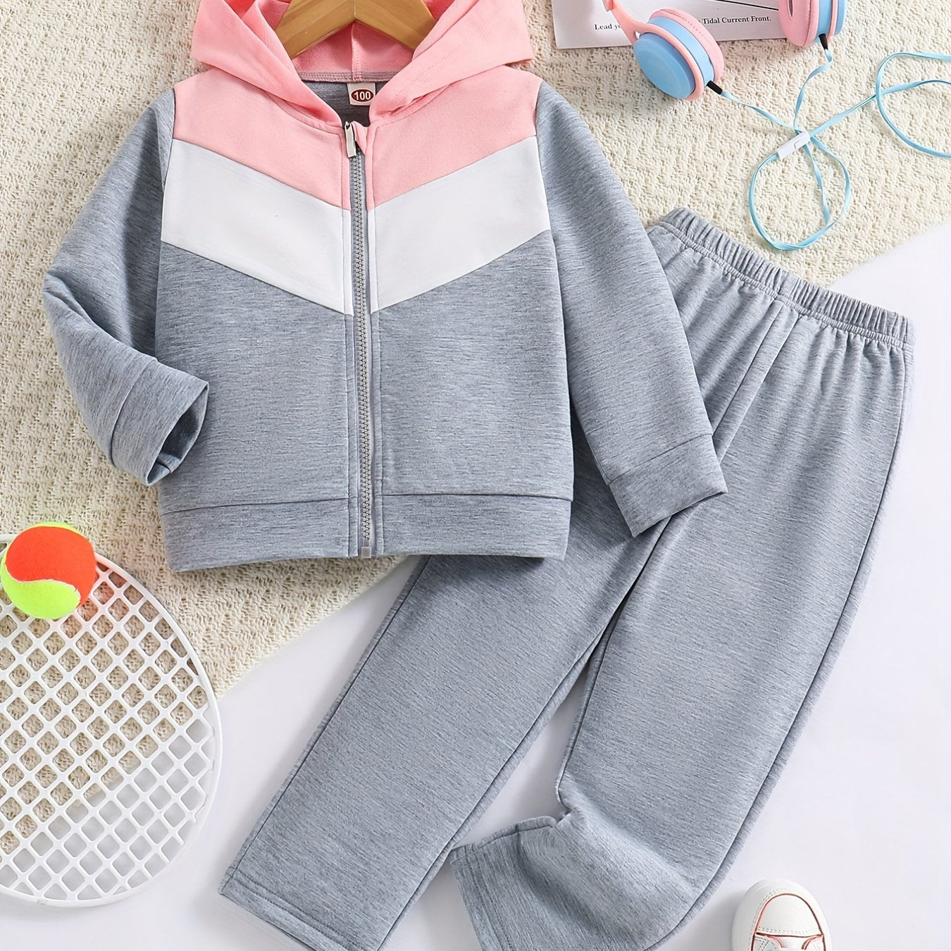 2pcs Girl's Zipper Hoodie Outfit, Color Clash Jacket & Pants Set, Sporty Style, Toddler Kid's Clothes For Spring Fall