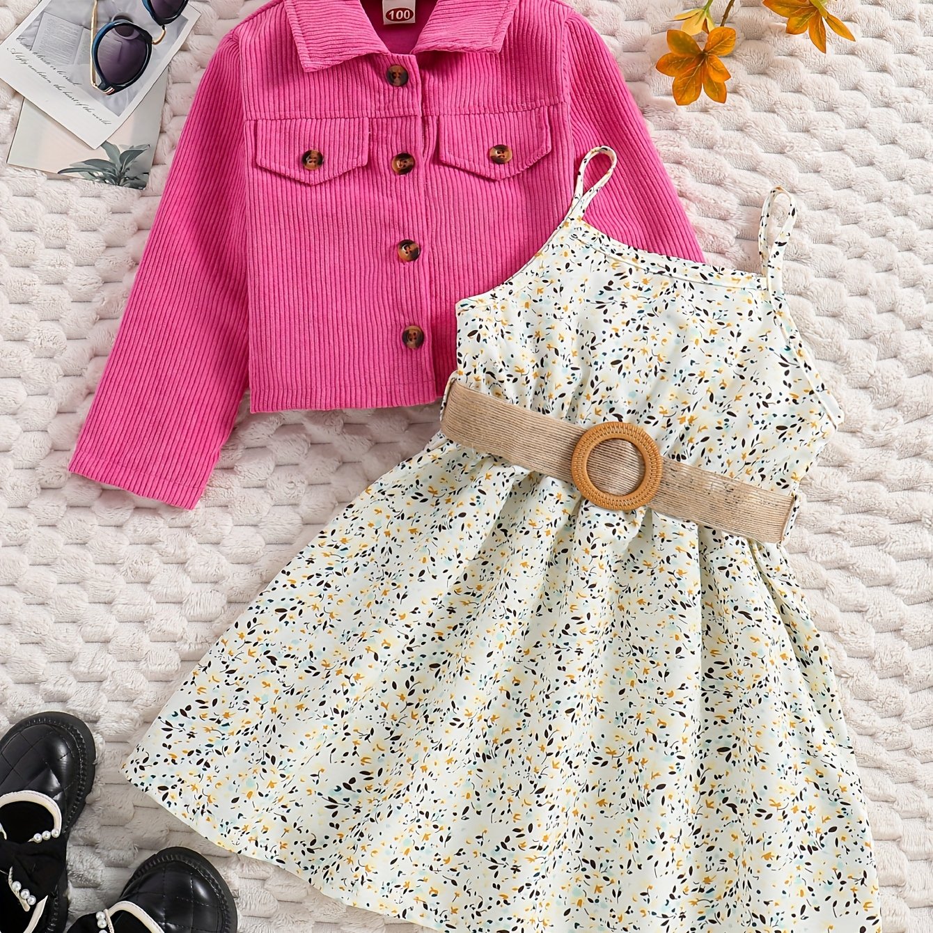 Girl's Casual Outfit 2pcs, Corduroy Jacket & Floral Pattern Dress Set, Kid's Clothes For Spring Autumn Summer
