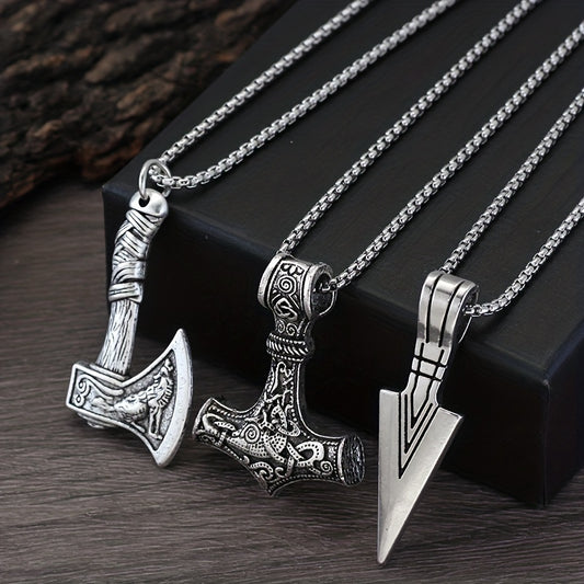 3 Pieces Viking Necklaces for Men - Viking Hammer Norse Compass Celtic Knot Wolf Ax Pendant Nordic Amulet Pendant Necklace Holiday, father's day gift Jewelry Gift
