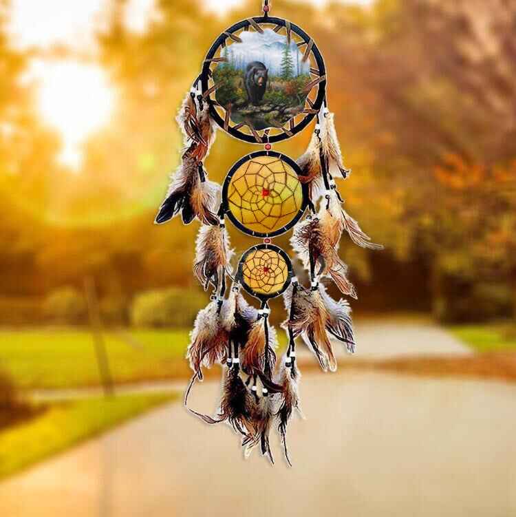 Indian Style Dream Catcher Wolf Head Oil Painting Dream Catcher Home Wall Decoration Wall Hanging Natural Feather Pendant - Pedlar's Attic