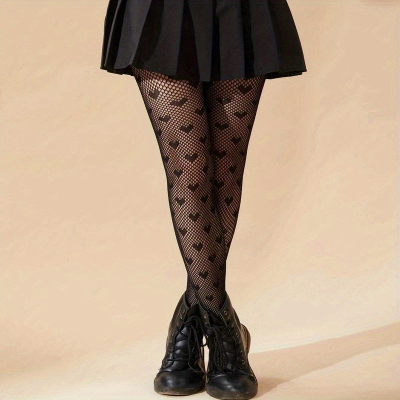 Sexy Heart Print Fishnet Tights, Hollow Out High Waist Mesh Pantyhose, Women's Stockings & Hosiery