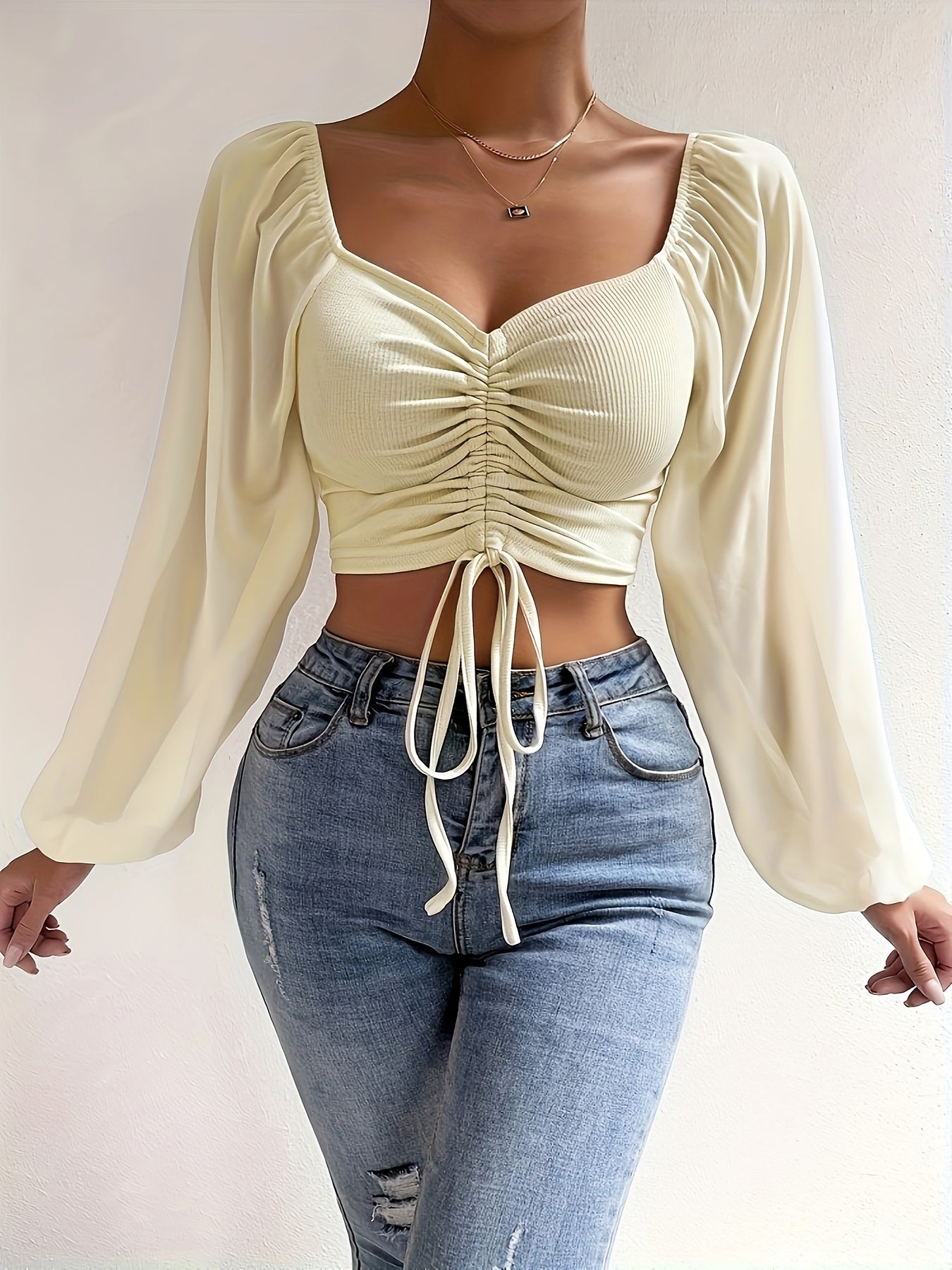 Drawstring Sweetheart Neck Crop Top, Casual Illusion Lantern Sleeve Top For Spring & Fall, Women's Clothing