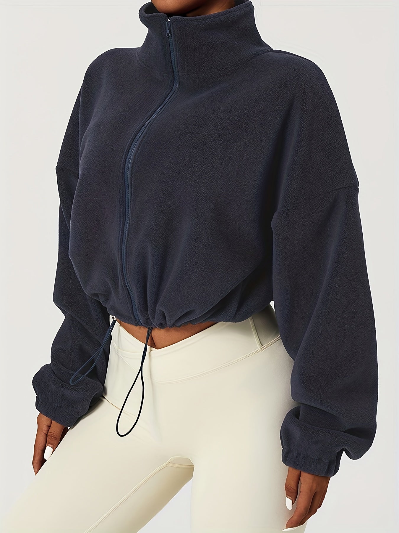 Chic Zip-Up Fleece Crop Jacket for Women - Stretch Comfort, Warm High Neck, Long Sleeve, Perfect for Sporty Outdoor Fall/Winter Activities