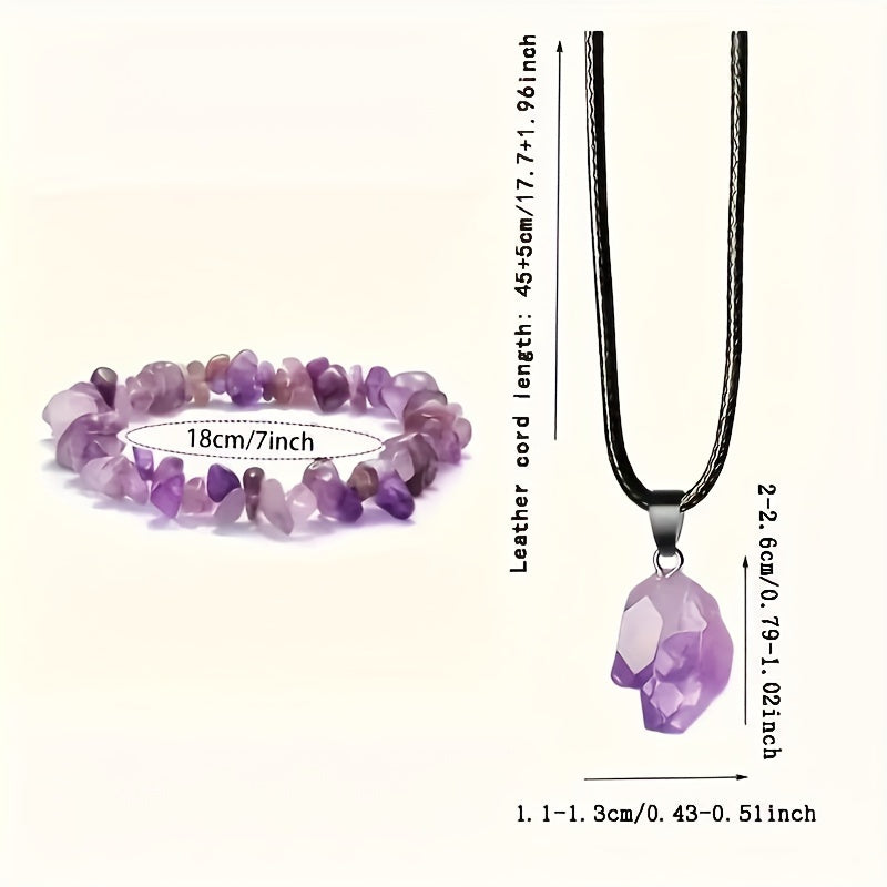 Healing Crystal Amethyst Necklace and Bracelet Set - Natural Gemstone Energy Jewelry for Men and Women - Perfect Gift for Couples - 2pcs/Set