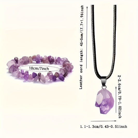 Healing Crystal Amethyst Necklace and Bracelet Set - Natural Gemstone Energy Jewelry for Men and Women - Perfect Gift for Couples - 2pcs/Set