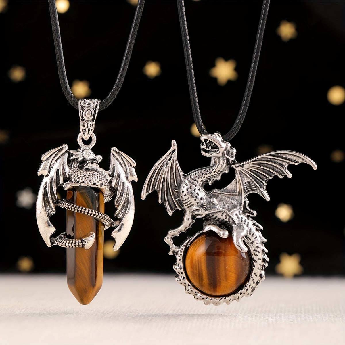 2pcs/set Synthetic Crystal Dragon Necklace Pendants for Men And Women, Retro Cool Artificial Elf Stone Pendants, Christmas, Easter, Flying Dragon Pendant Gift Set