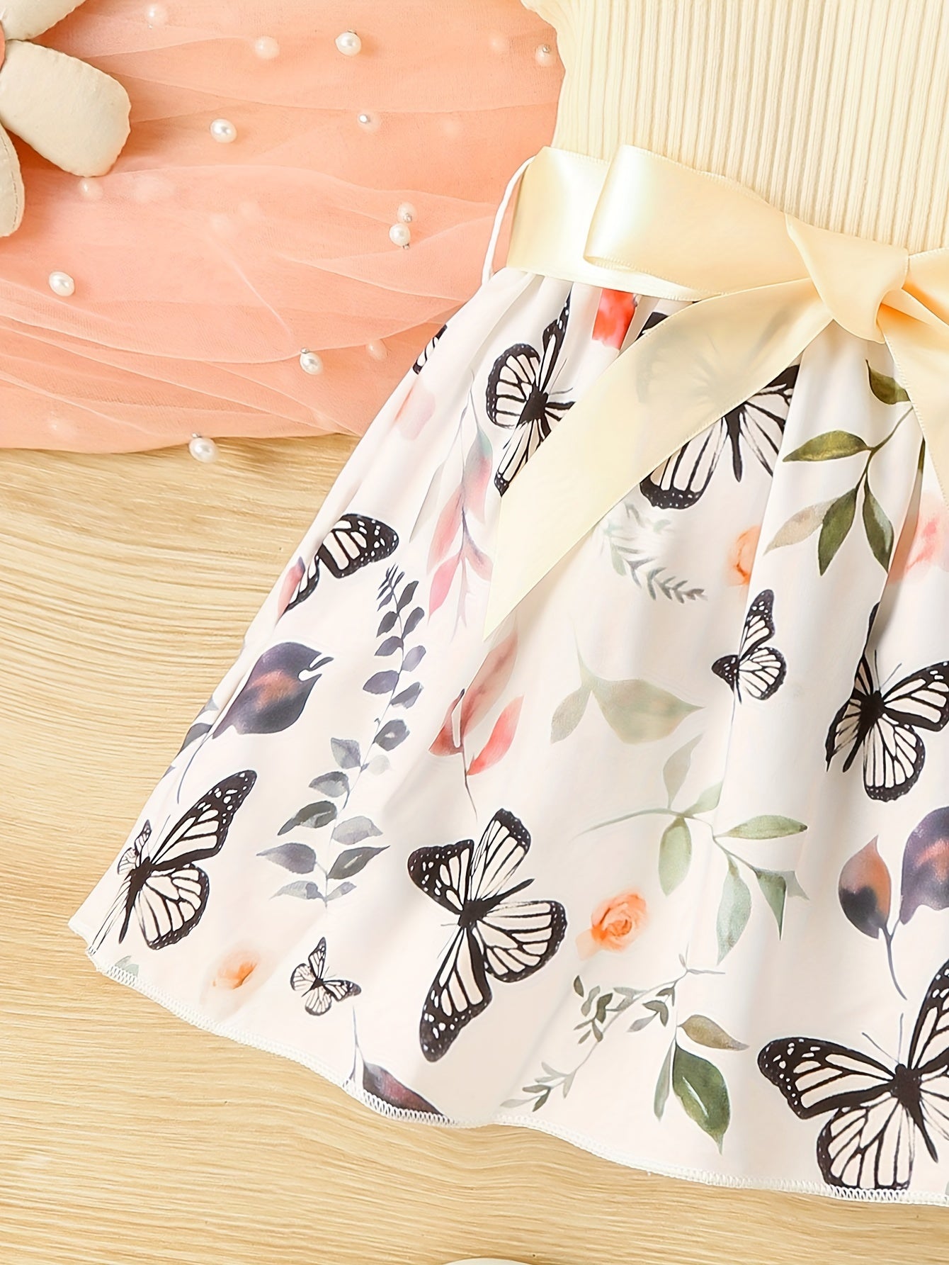 Baby Girls Cute Butterfly Graphic Print Ruffled Sleeve Belted Dress, Kids Summer Comfortable Clothes