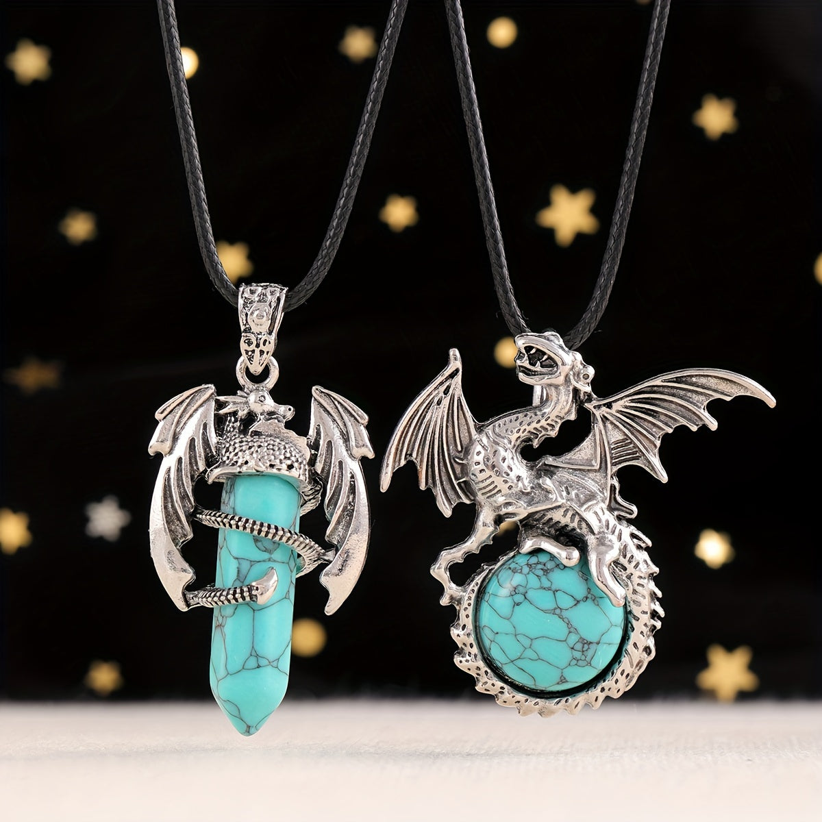 2pcs/set Synthetic Crystal Dragon Necklace Pendants for Men And Women, Retro Cool Artificial Elf Stone Pendants, Christmas, Easter, Flying Dragon Pendant Gift Set