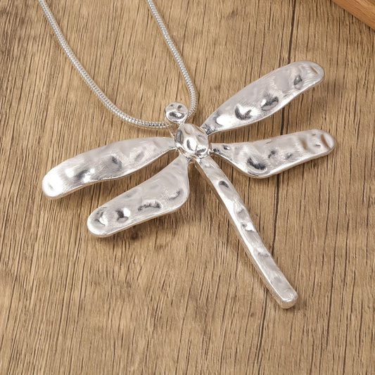 [Silvery Dragonfly Necklace] Silvery Zinc Alloy Long Necklace | Women's Hollow-out Senior Dragonfly Pendant Retro Bohemian Style Casual Daily