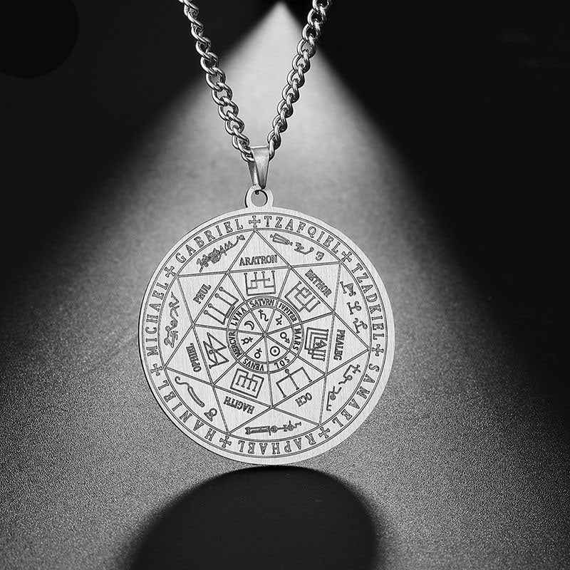 Religious Angel Seal Pendant Necklace - Inspiring Stainless Steel Rune Hexagram Design - Pedlar's Attic