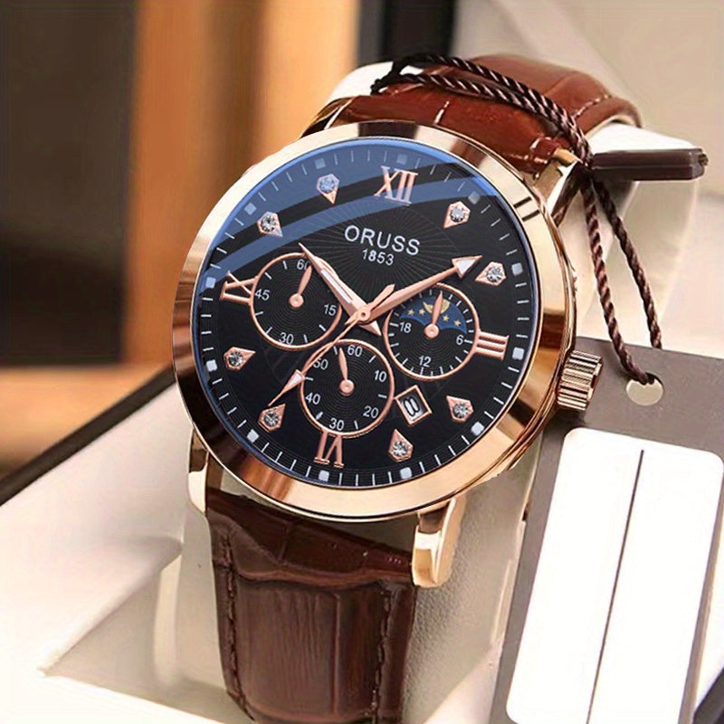 Mens Round Quartz Watch - Funky PU Leather Strap, Non-Waterproof, Electronic Pointer Display, Alloy Case, Ideal Gift for College Gentleman