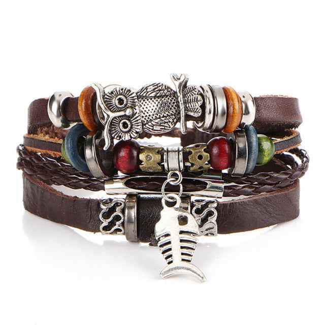 2 pcs Tibet Stone Feather Multilayer Leather Bracelet Eye Fish Charms Beads Bracelets for Men Vintage Punk Wrap Wristband - Pedlar's Attic