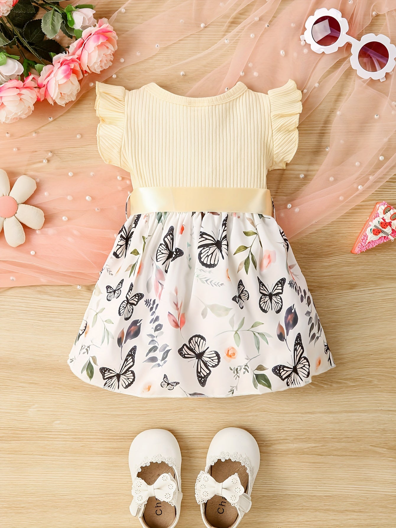 Baby Girls Cute Butterfly Graphic Print Ruffled Sleeve Belted Dress, Kids Summer Comfortable Clothes