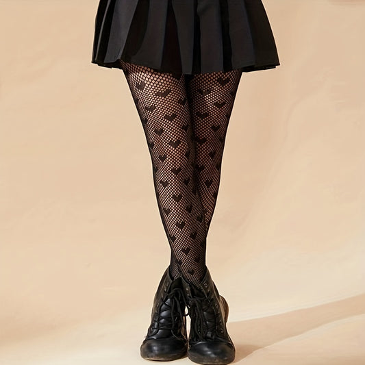 Sexy Heart Print Fishnet Tights, Hollow Out High Waist Mesh Pantyhose, Women's Stockings & Hosiery