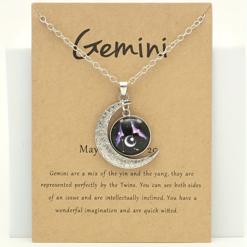 1pc Retro Glow-in-the-Dark Zodiac Moon Pendant Necklace - Vintage Style, Zinc Alloy with Glass Accents, Adjustable Chain for Women - Ideal for Daily Wear & Gifting, Zodiac Jewelry, Gift Jewelry, Vintage Jewelry, Durable Jewel