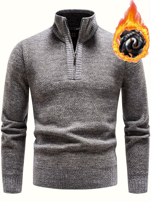 Warm Herringbone Twill Pullover Sweater, Men's Casual High Neck Mid Stretch Jacket Sweater For Fall Winter