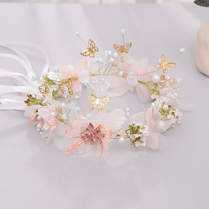 Delicate Butterfly Flower Headband - Handmade Floral Wreath Crown for Flower Girl, Bridal Hair Accessories, Wedding Party Supplies, Soft Fabric, Adjustable One-Size-Fits-All Design