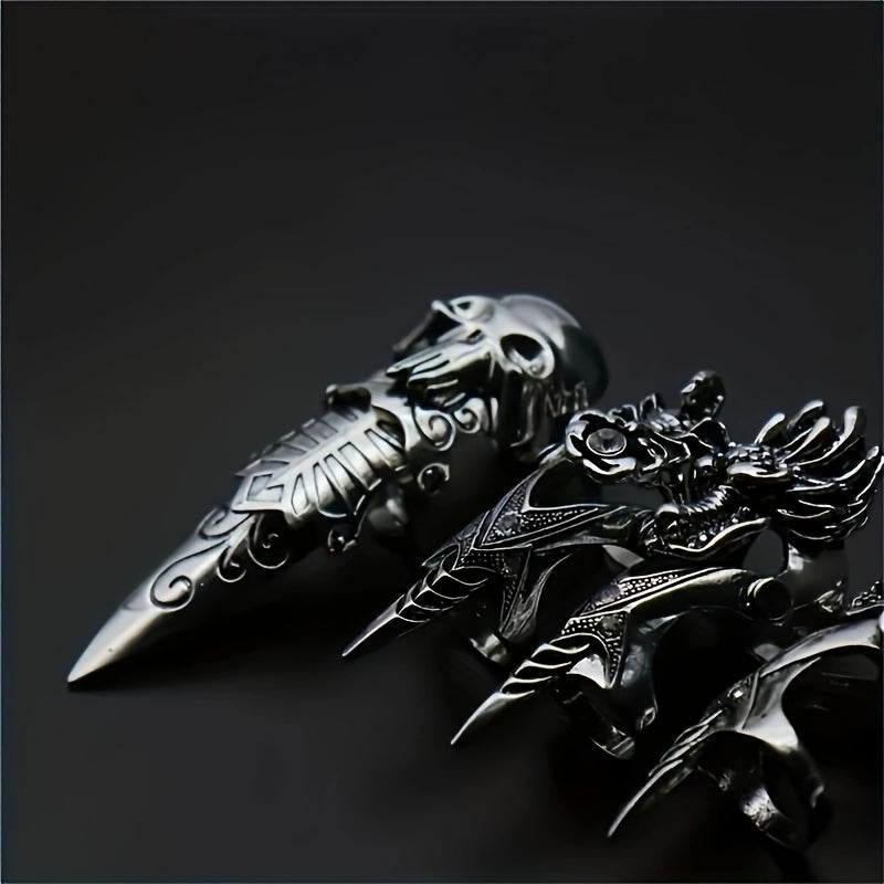 4PCS Vintage Gothic Dragon Claw Rings Set, Unisex Punk Joint Knuckle Full Finger Rings, No Plating Copper Alloy, Fashion Street Nightclub Accessories for Adults