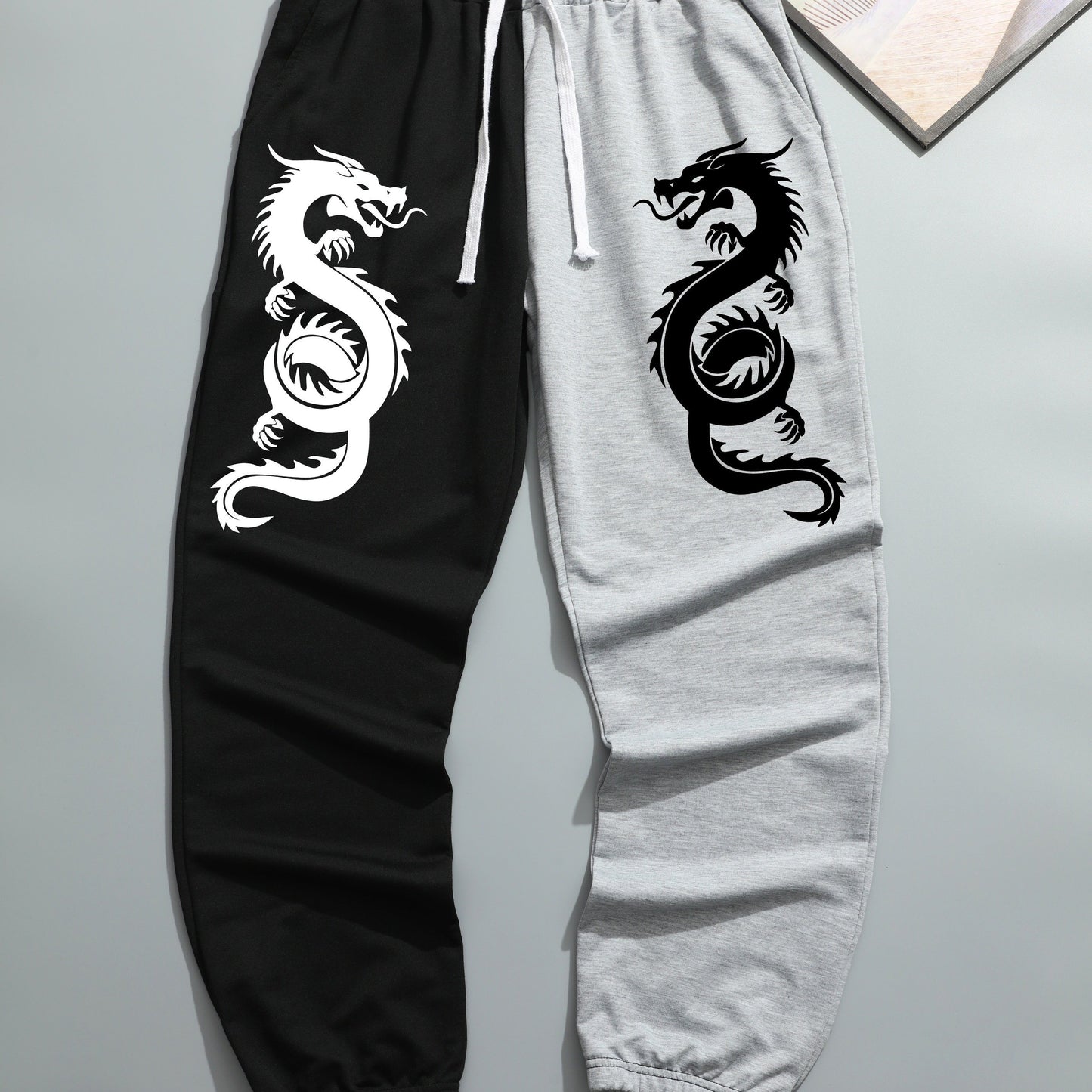 Two Color Splicing, Men's Drawstring Sweatpants, Dragons Print Pocket Breathable Casual Jogger Pants, Mens Clothing