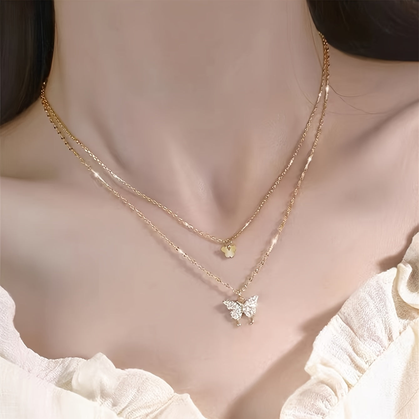 Y2K Rhinestone Butterfly Double Layers Necklace Shiny Silvery Party Dating Gift Daily Jewelry Accessories