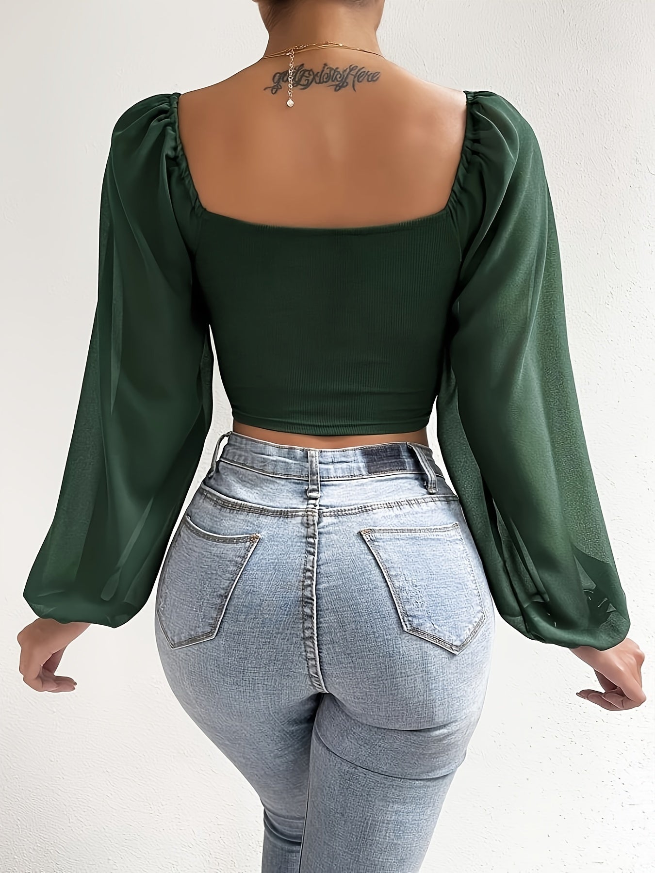 Drawstring Sweetheart Neck Crop Top, Casual Illusion Lantern Sleeve Top For Spring & Fall, Women's Clothing