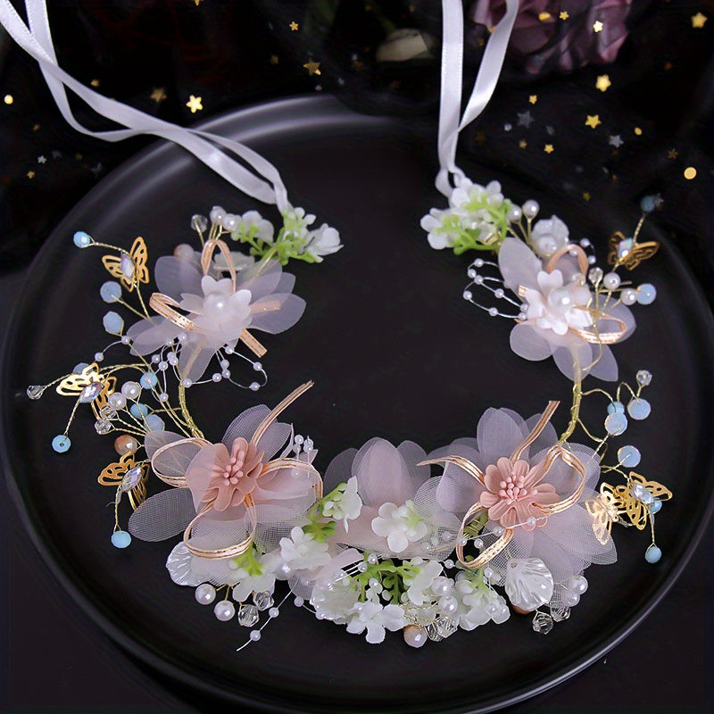 Delicate Butterfly Flower Headband - Handmade Floral Wreath Crown for Flower Girl, Bridal Hair Accessories, Wedding Party Supplies, Soft Fabric, Adjustable One-Size-Fits-All Design
